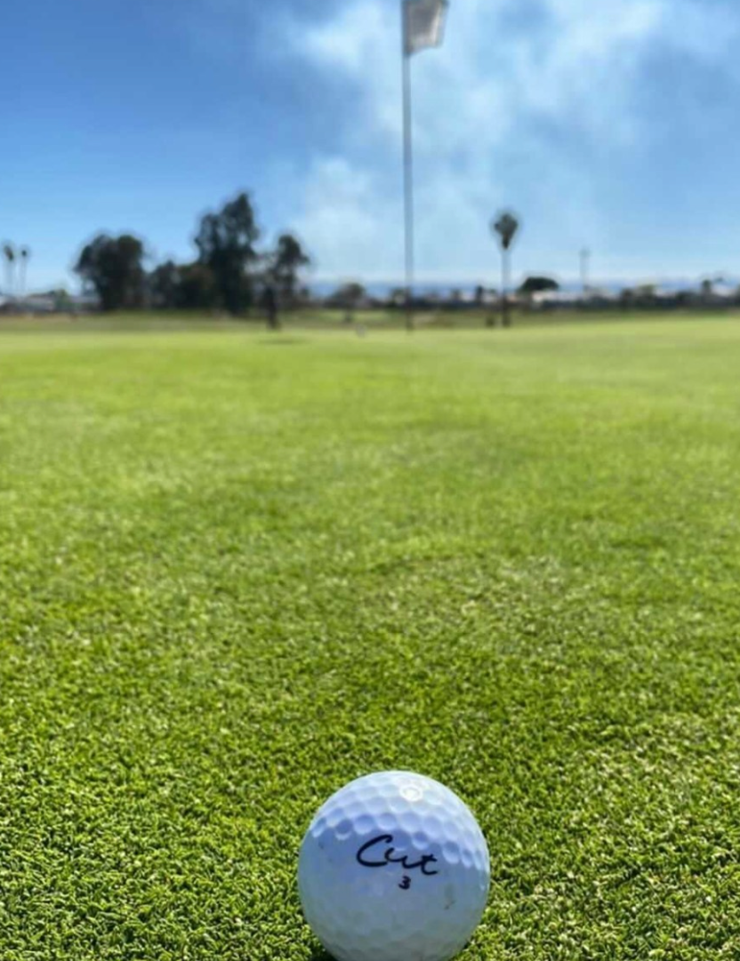 Cut Grey Golf Ball Sitting on a Putting Green With a Flag In the Distance