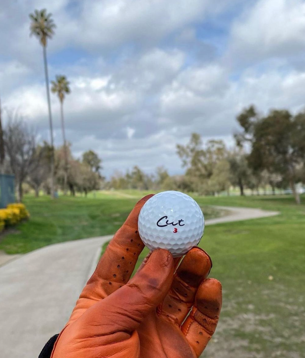 Cut Blue Golf Ball Being Held In a Brown Golf Glove