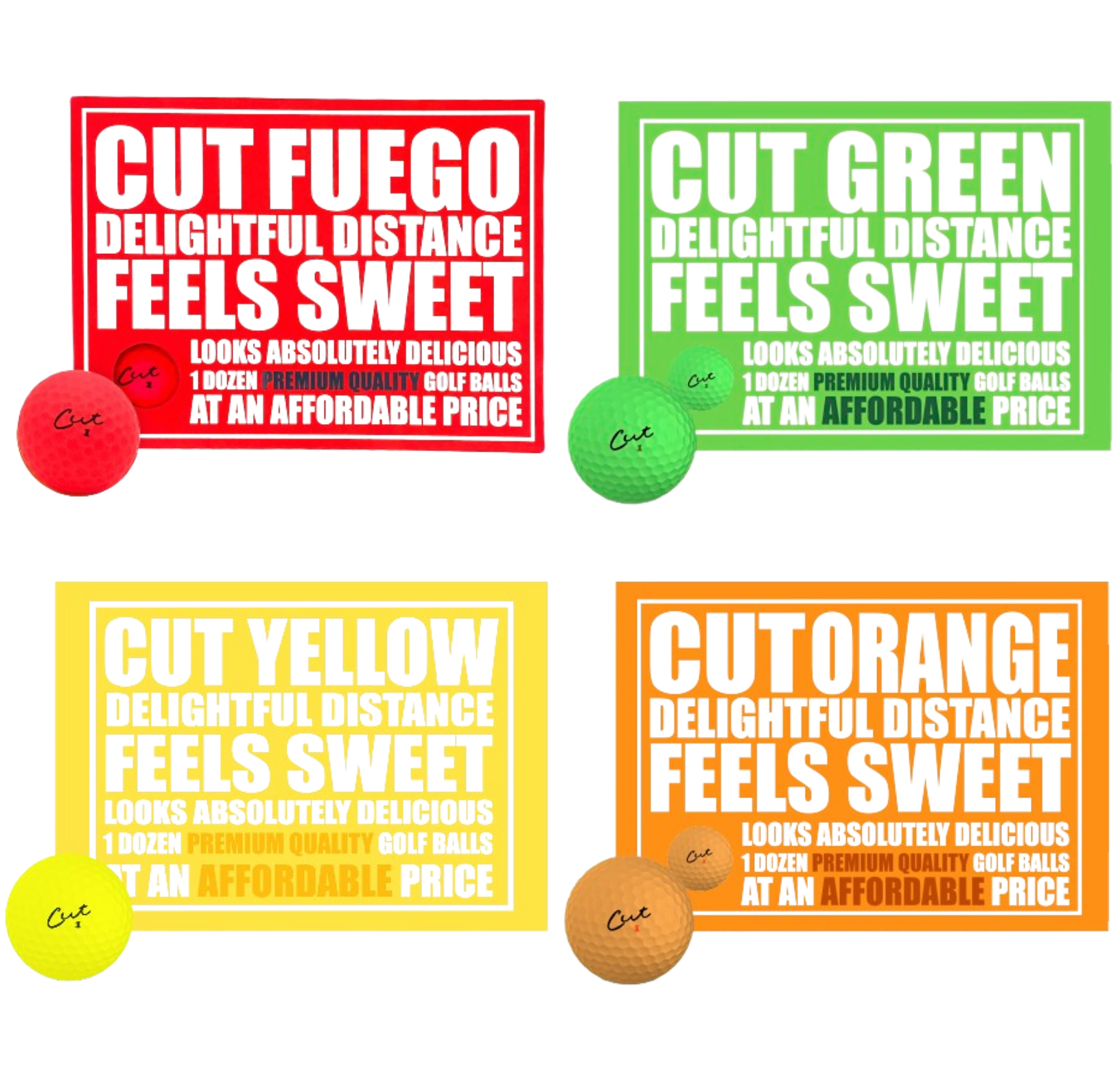 Boxes of Red, Green, Yellow, and Orange Matte Cut Affordable Golf Balls