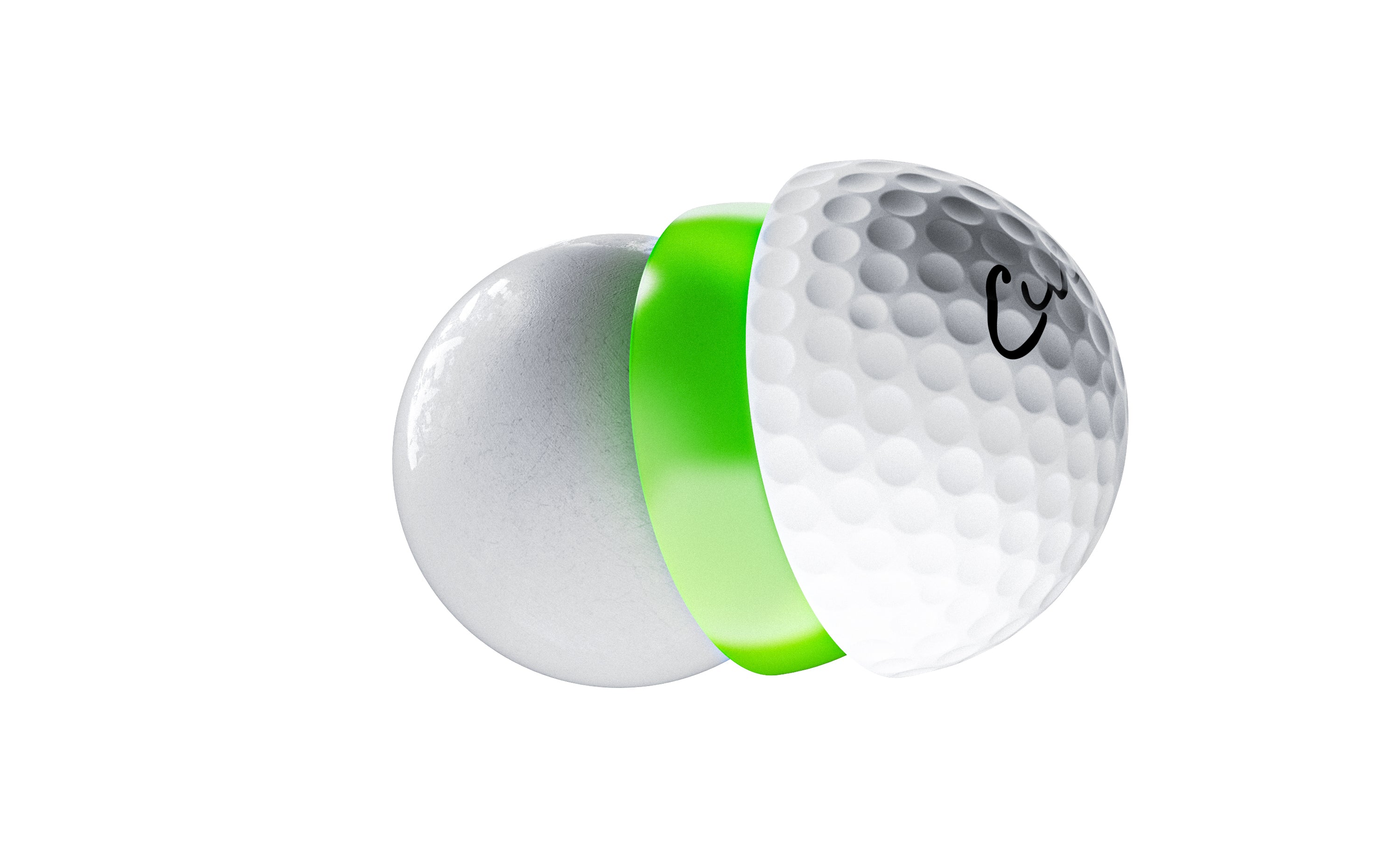 Cut Grey Ball Dissected to Show Inner Grey and Lime Green Core
