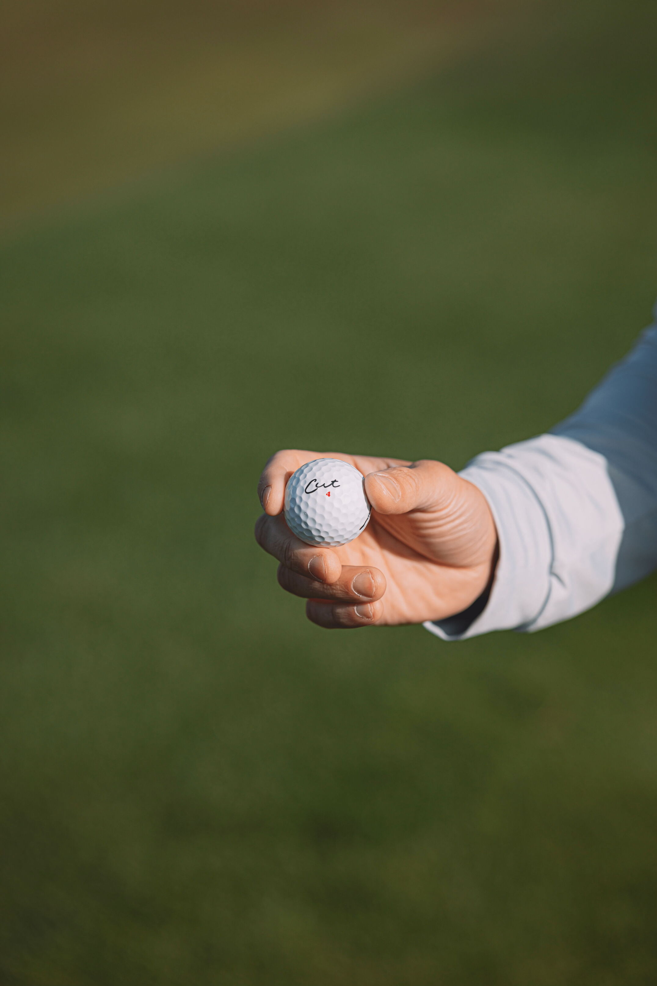 Golfer Holding a Cut Grey Ball With HIs Right Hand